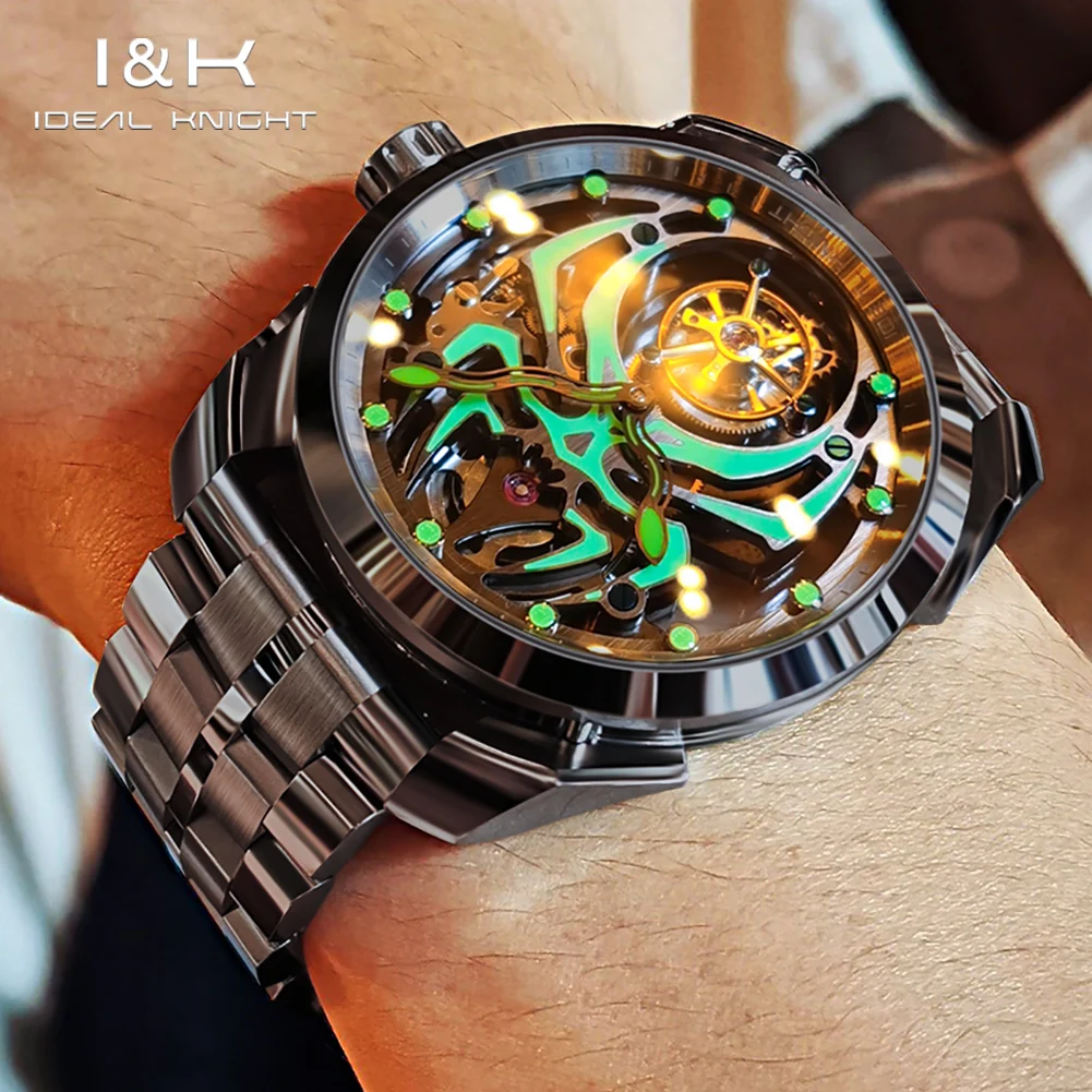 Фото IDEAL KNIGHT 6802, автоматические часы с турбийоном, мужские модные часы со светящимся пауком, механические часы с кожаным ремешком из нержавеющей стали №3