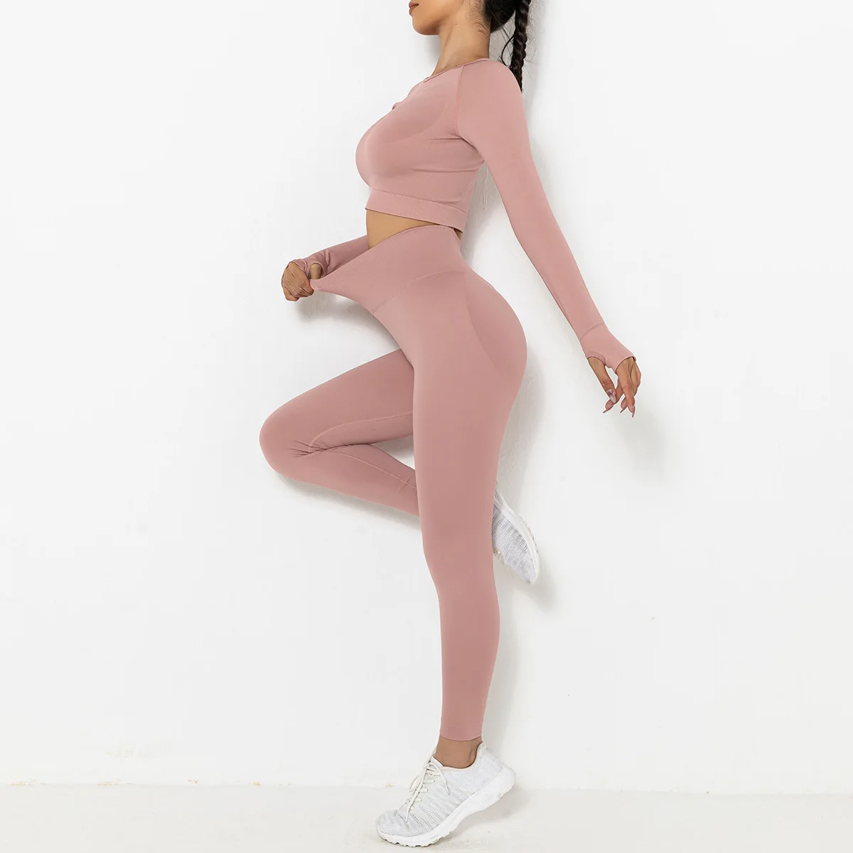 2pcs Sets Women New Seamless Knitted Solid Hip Long Sleeve Yoga Sets Sports Running Fitness Female Suit Workout Gym Clothing