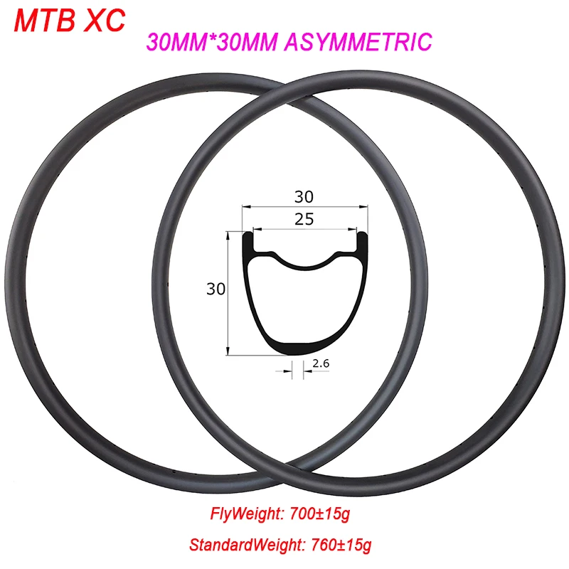 

29ER Pair Asymmetric MTB Bike Clincher Tubeless Carbon Rim 30mmm Wide 30mm Deep Hookless XC Crosscountry Bicycle Wheel UD 3K 12K