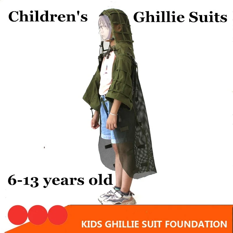 

6-13 Years Old Children Ghillie Suits Foundation Cloak Kid Outdoor Summer Camp Army Training Tactical Clothing Hooded Breathable