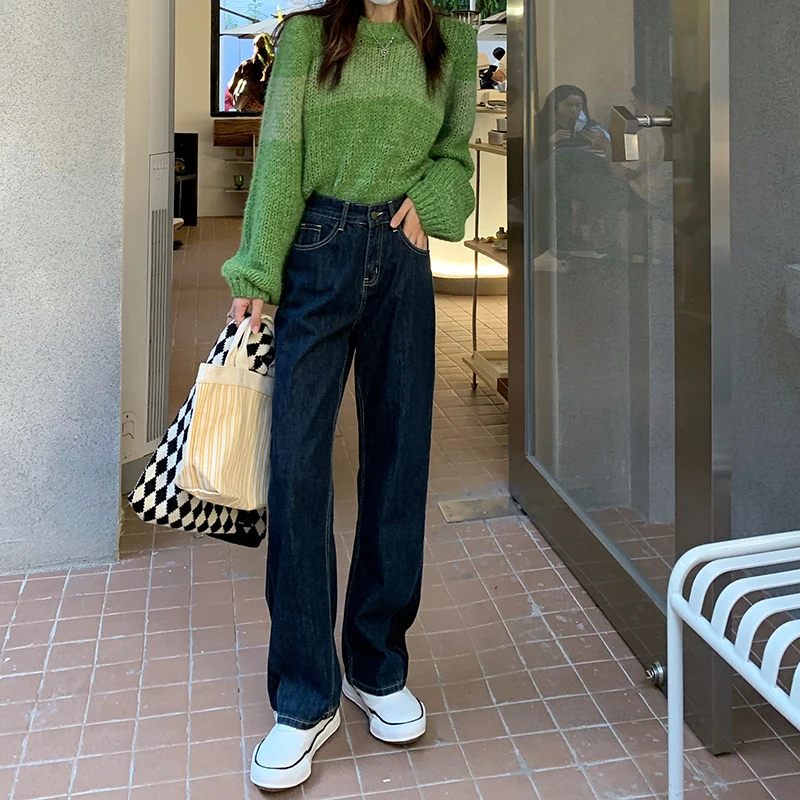 

N0163 New high waist loose slim straight design wide leg jeans for women