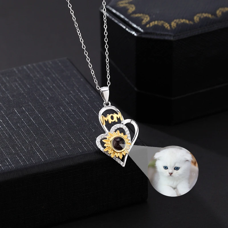 Personalized Photo Projection Heart Necklace S925 Sterling Silver Letter MOM Sunflower Pendant 100 Languages I Love You