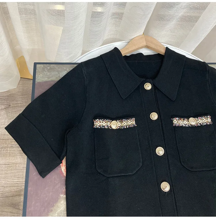 

Luxury Knitted Cardigans For Women Short Sleeves Black Color Casual Vintage Sweater Tops Jumpers Tees