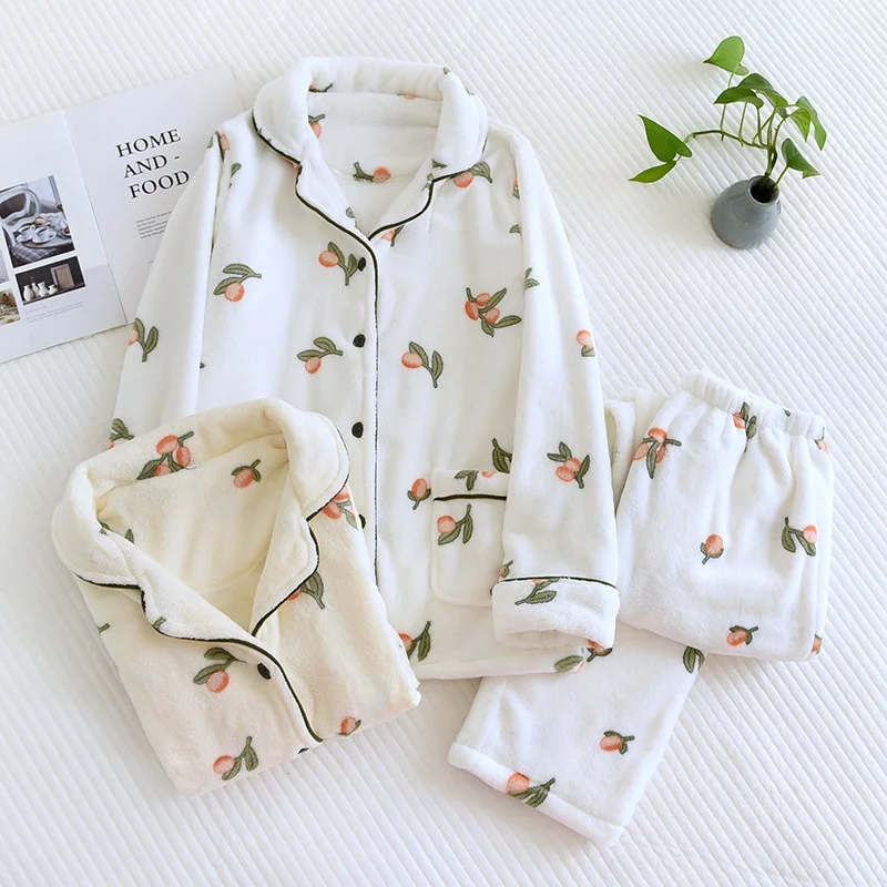 Lisacmvpnel Autumn And Winter Thickened Coral Velvet Pajamas Women's Flannel Velvet Suit Long Sleeved Cardigan Loose Pajama Set