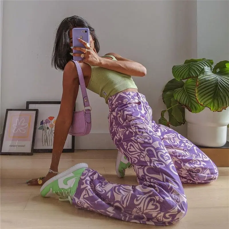 

American Fashion Print Love Pattern Y2k Jeans Personality Street High Waist Wind Pants Loose Skinny Women Pink Color Print Women