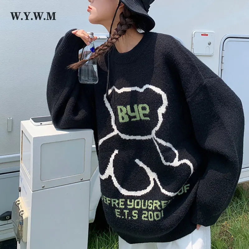 

WYWM Kawaii Letter Bear Printed Sweater Women Long Oversized Cashmere Knitted Pullovers Fall Winter Long Sleeve Outwear Jumper