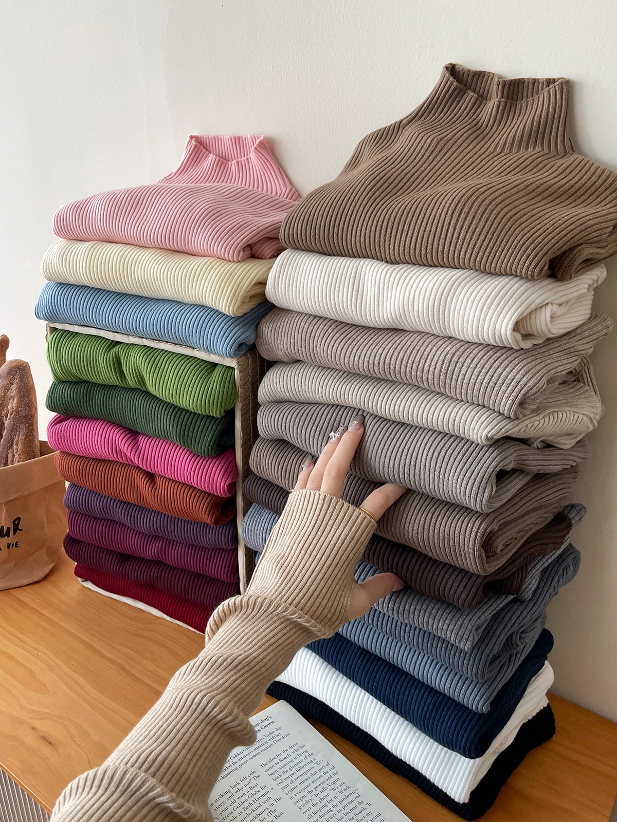 Плиссированная текстура полувысокий воротник смешанный шерстяной свитер из