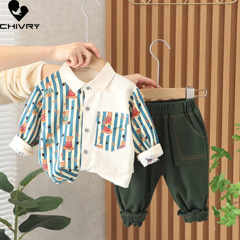 

Boys Clothing Sets New 2023 Spring Autumn Baby Boy Fashion Cartoon Bear Striped Lapel Shirts Tops with Pants Kids Two-piece Sets