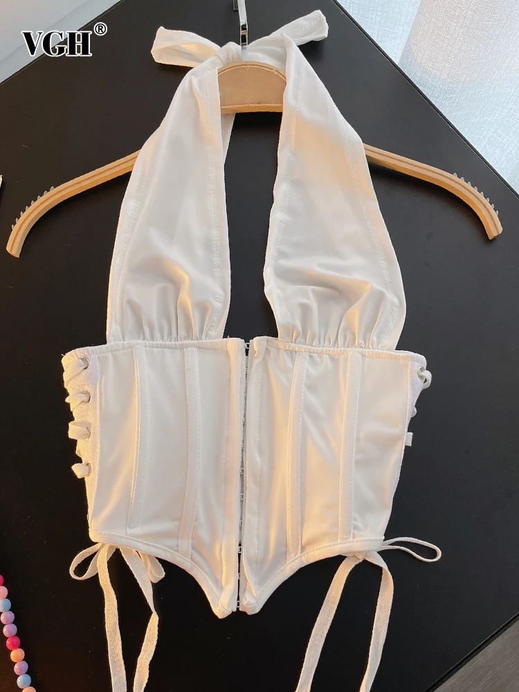 

VGH однотонный лоскутный шнуровка жилет для женщин Холтер без рукавов с открытой спиной облегающая Сексуальная майка Топы Женская модная одежда Новинка