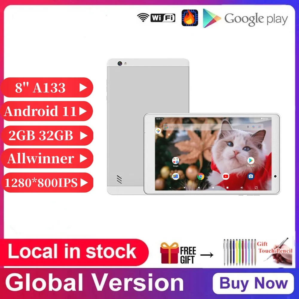 64-bit 8'' A133 Android 11 Tablets PC Quad Core 2GB RAM 32GB ROM 1280x800IPS Ultrathin Allwinner Dual Cameras Wifi  Netbook