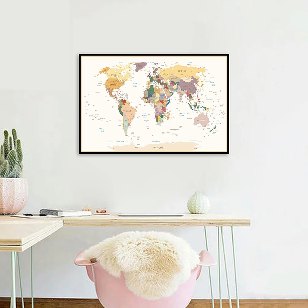 

90*60cm The World Map Retro Canvas Painting Wall Art Poster Decorative Picture School Supplies Living Room Home Decoration