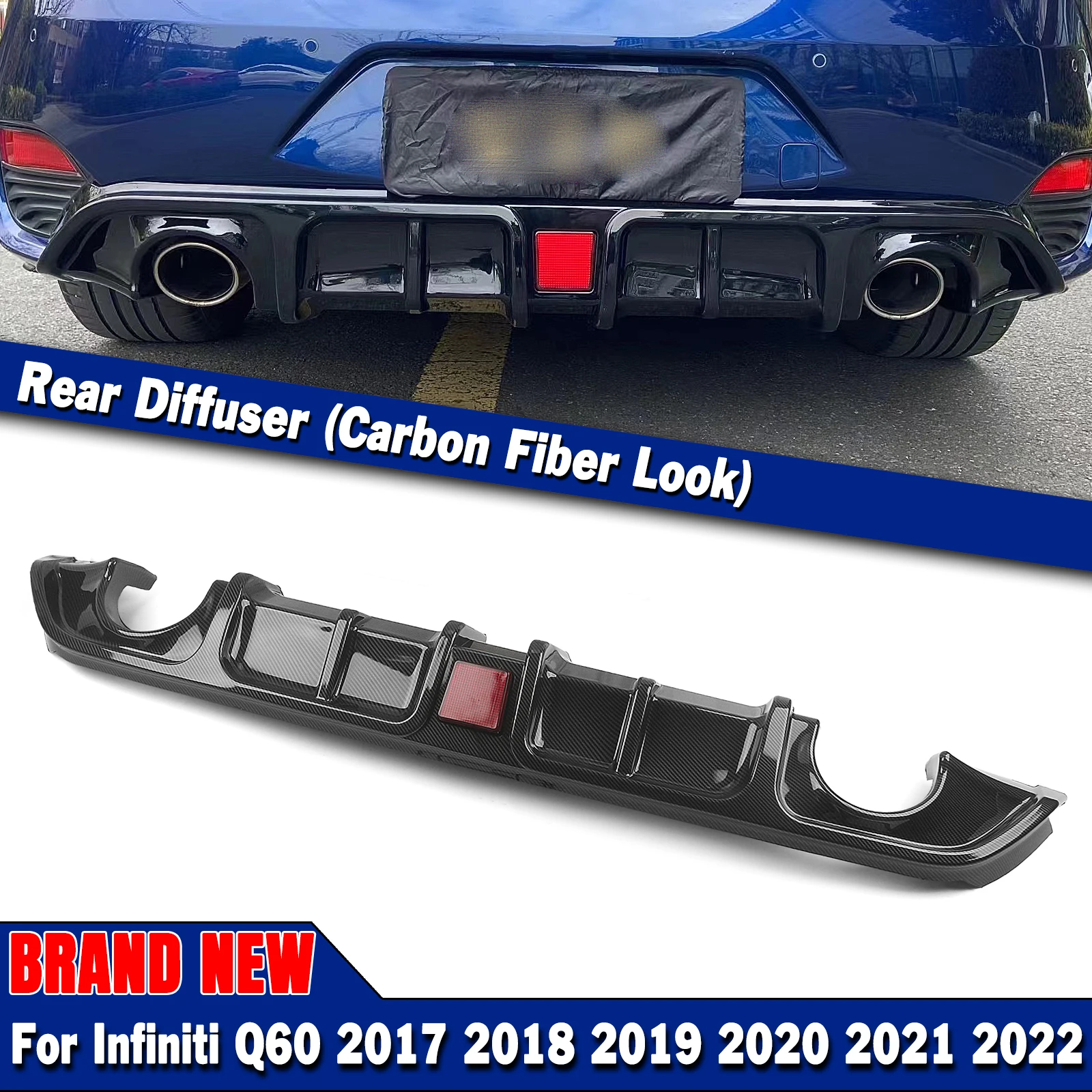 

For Infiniti Q60 2017-2022 Rear Bumper Diffuser Lip With LED Lamp Carbon Fiber Look Car Body Kit Exhaust Splitter Spoiler Plate