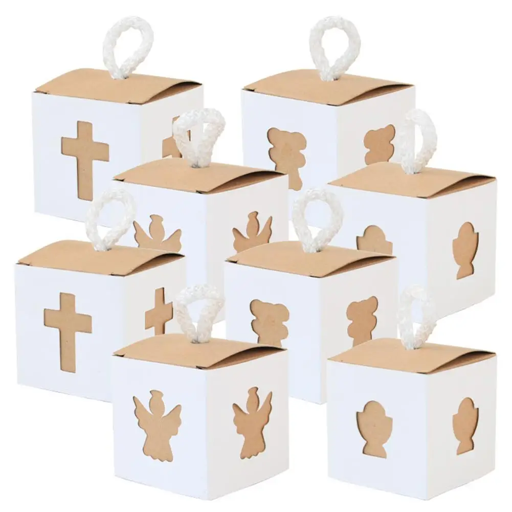 

NEW 50pcs Candy Box European Style Bear Angel Holy Grail Cross Hollowed Pattern Retro Kraft Paper Square Favor Boxes