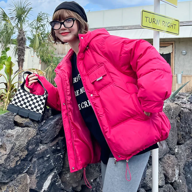 2023 Winter New Women Cotton Coat Loose Solid Sweet Female Office Lady Outwear Bubble Coat Hooded Warm Pocket Elegant Ins Jacket