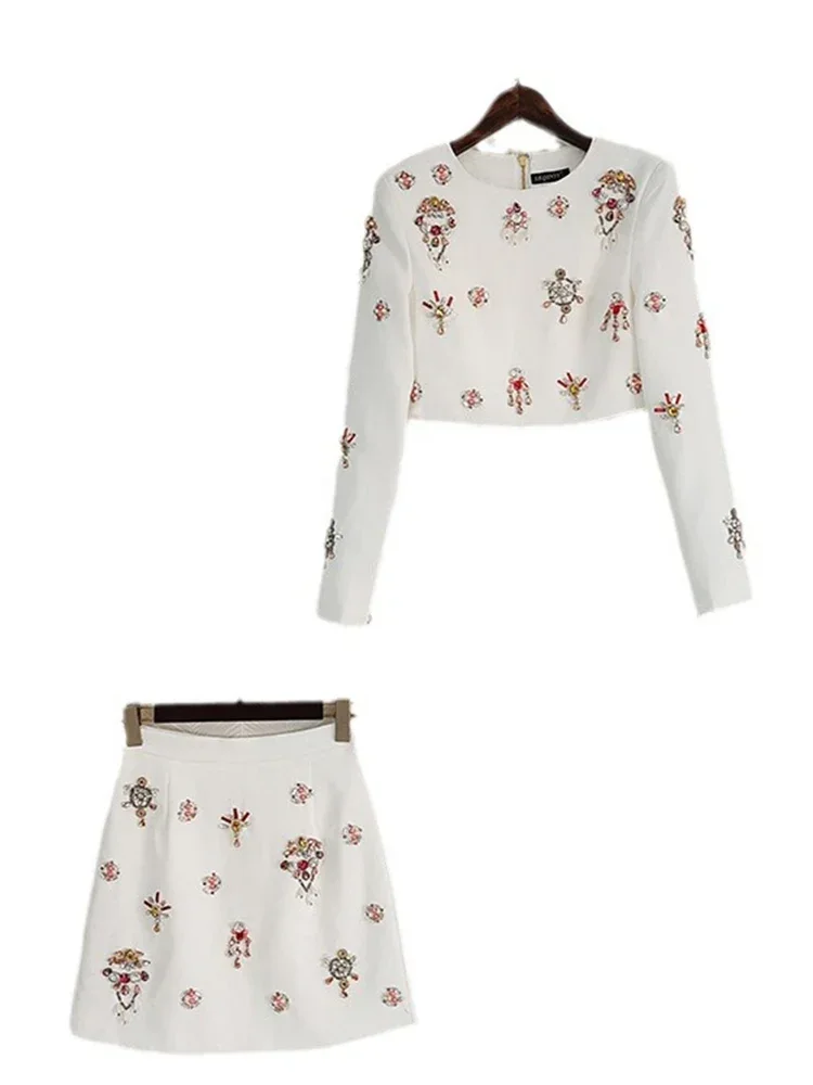 Женский однотонный костюм с юбкой и круглым вырезом короткая куртка длинным