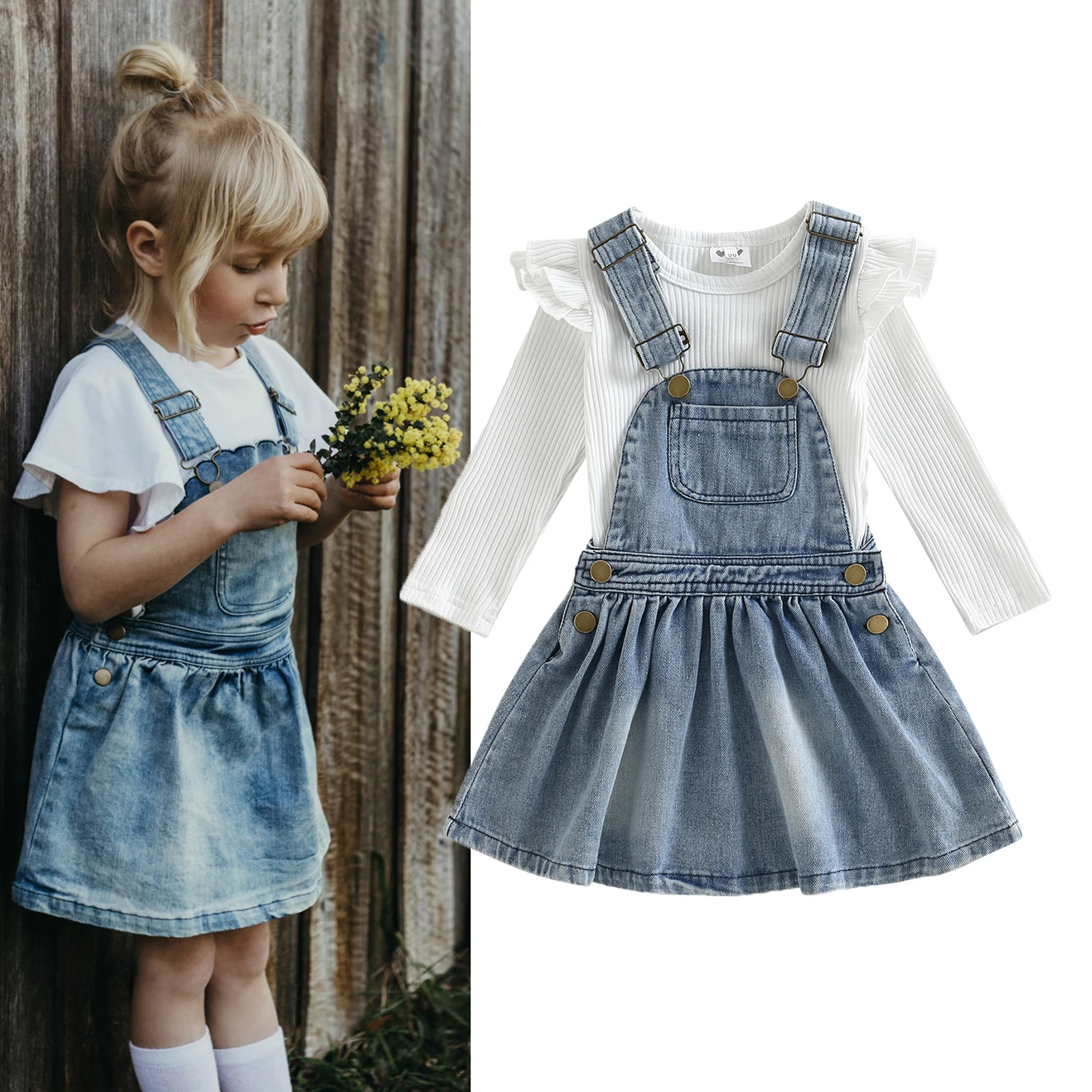 

Трикотажный костюм для девочек TR, с юбкой и длинным рукавом, с оборками + джинсовое платье на подтяжках, осенняя одежда