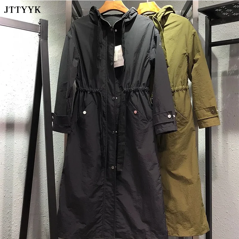 Женский Длинный плащ с капюшоном черный или зеленый тонкий повседневный