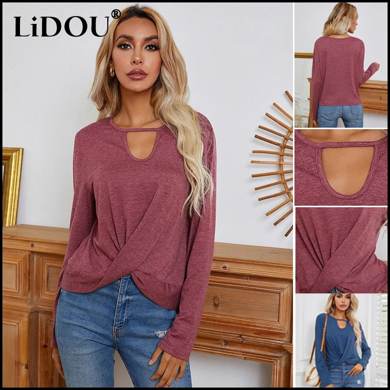 

Spring Autumn Clothes for Women Casual Round Neck Hollow Out Folds Solid T-shirts with Long Sleeves Loose Pullover Women's Top