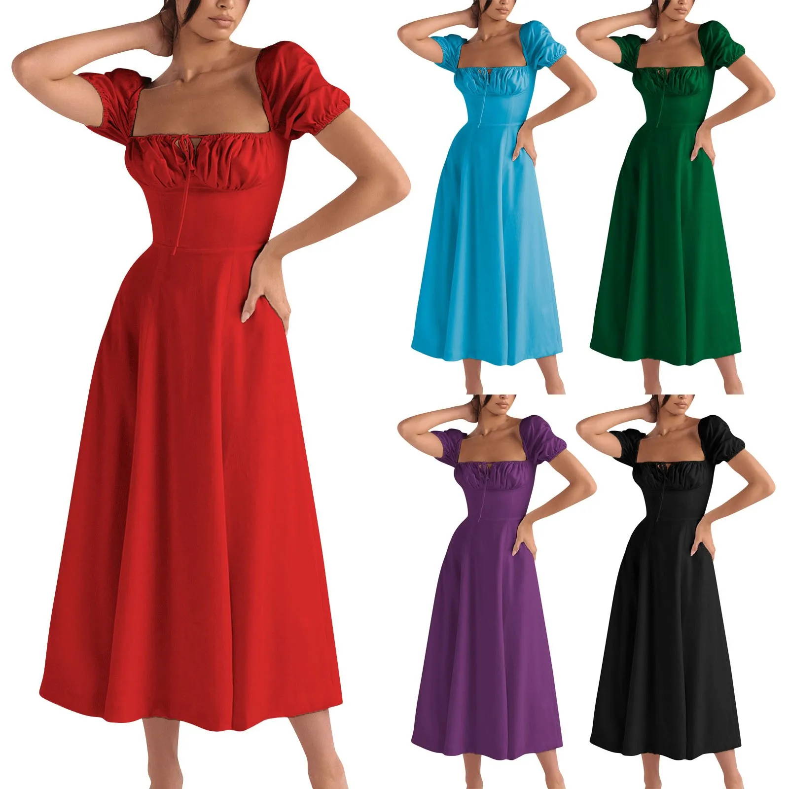 Женское весенне-летнее модное нежное платье средней длины с коротким рукавом