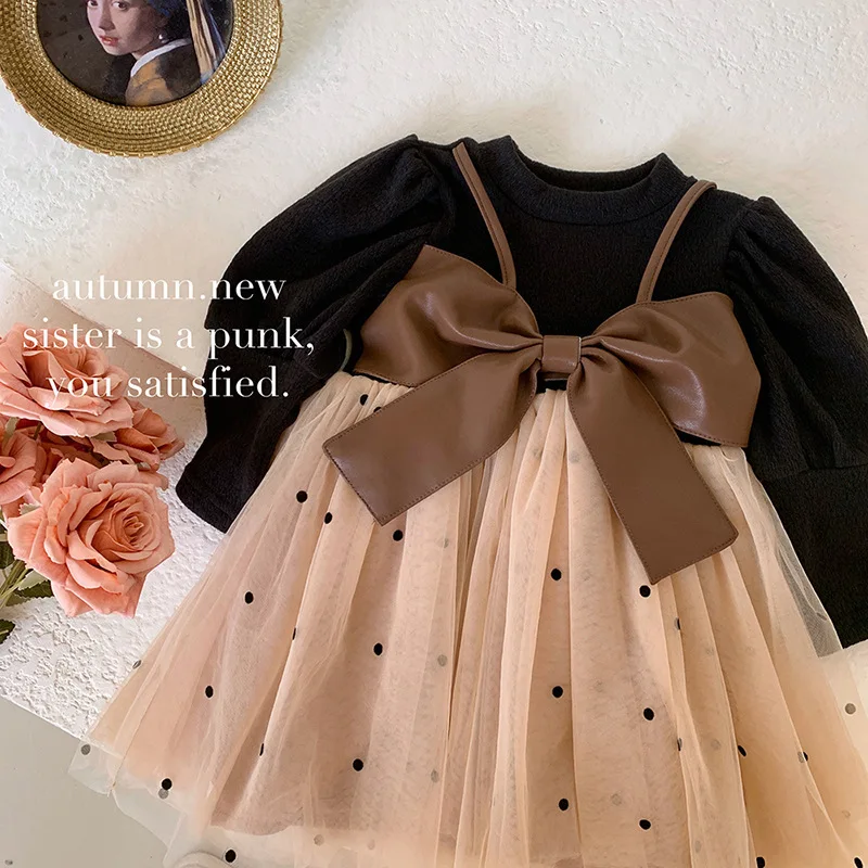 

Autumn Girls Voile Fashion Party Dress Spring Little Girls Bow Strap Casual Splicing Princess Dress Children's Toddler Clothes