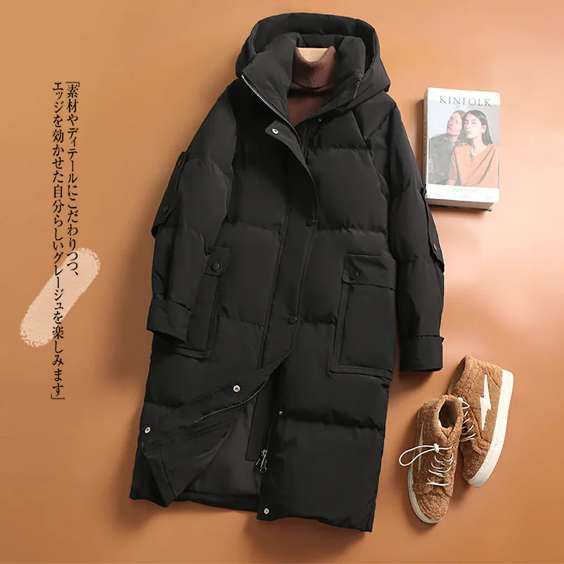 2022 Winter New Quality White Duck Down Jacket Women's Mid-Length Hooded Coat Thickened Loose Warm Temperament Parkas Female