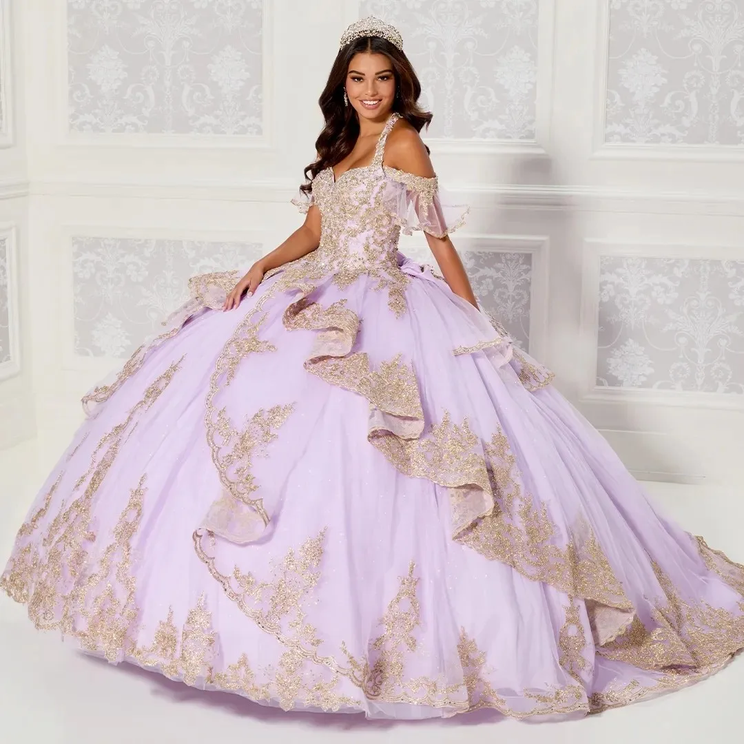 

Сиреневое бальное платье Quinceanera, бальное платье с лямкой на шее, тюлевые Аппликации, пышные мексиканские милые платья 16, Charro 15 лет