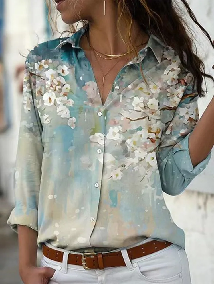 

Elegant Loose Long Sleeve Shirt Turn Down Collar Tops Vintage Floral Printed Blouse Women Office Lady Light Blue Clothes 26267