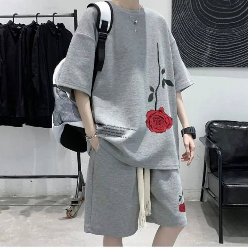 M-5XL Korean Fashion Streetwear Hip Hop Rose Casual Short  Suit Tshirt 2 Piece Set Summer Tracksuit Men Harajuku Oversize Tee