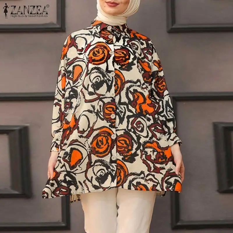 

Bohemian Tunic Islamic Top Muslim Floral Printed Blouse Women Casual Long Sleeve Shirt ZANZEA Holiday Abaya Lapel Neck Chemise
