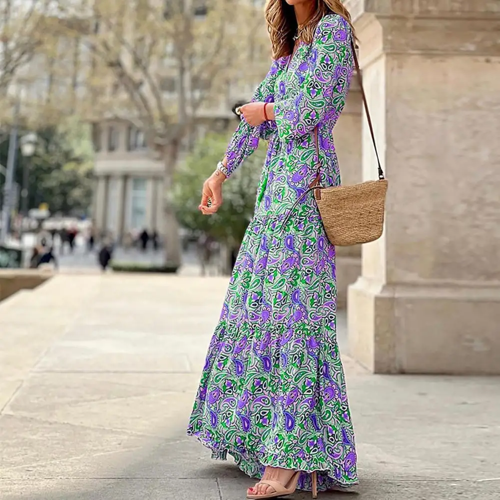 

Party Dress Long-sleeved Women Dress Office Lady Printed Full Length Dress