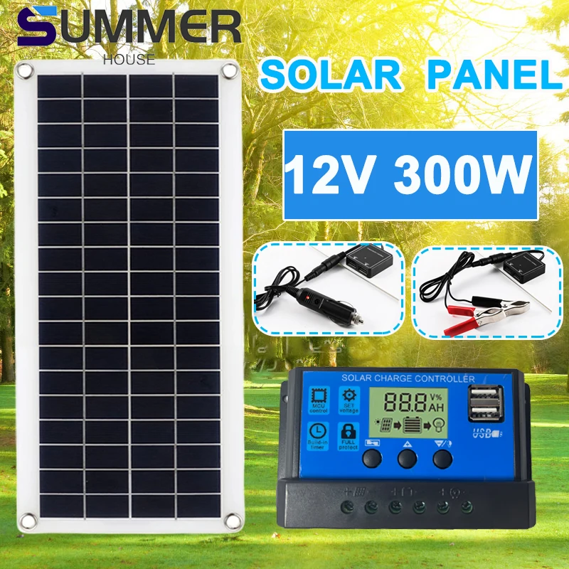 

300W Flexible Solar Panel Kit 12V Battery Charger Dual USB with 30A-60A Controller Solar Cells Powe Complete Panel with Inverter