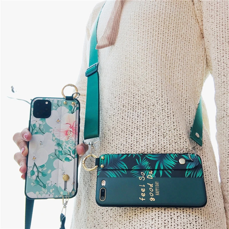 

RYWER Wristband Phone Crossbody Bag Holder Case for iPhone SE 6S 7 8 Plus 11 12 Pro Max X XR XS Max 3D Emboss Leaf Flower Cover