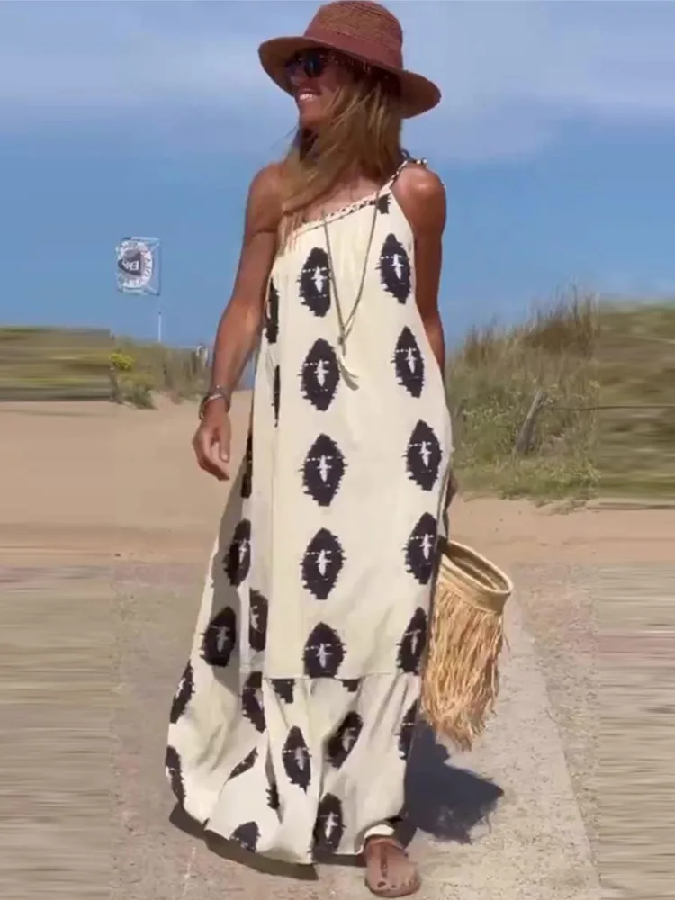 

Casual Long Dresses 2023 Summer Fashion Patchwork Robe Elegant Print One-Shoulder Strap Women's Dress Loose Sleeveless Vacation