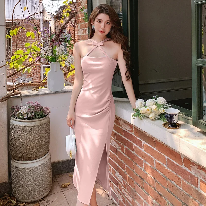 Модное шифоновое платье с лямкой на шее без бретелек элегантное однотонное