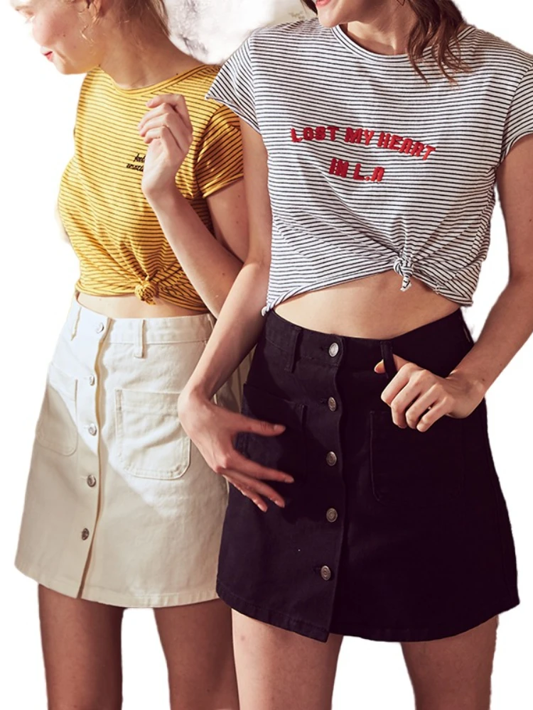 

Summer Denim Skirt Womens A Line Jeans Short Denim Mini Skirt Button Off Double Pockets Harajuku Sexy Y2K Falda Skirts
