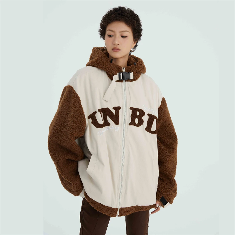 New Women Winter Fleece Hooded Coats Thick Warm Clothes Street Splicing Color Blocking Hip Hop Clothes Fashion Cotton Jackets