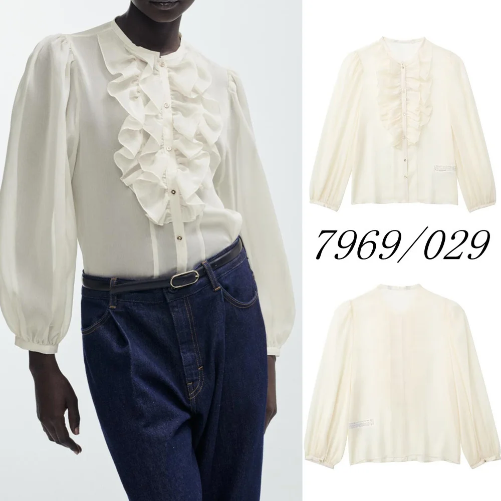 

PB&ZA Spring New Shirt Women's Casual Lightweight Round Neck Puff Sleeve Layered Decorative Translucent Shirt 7969029