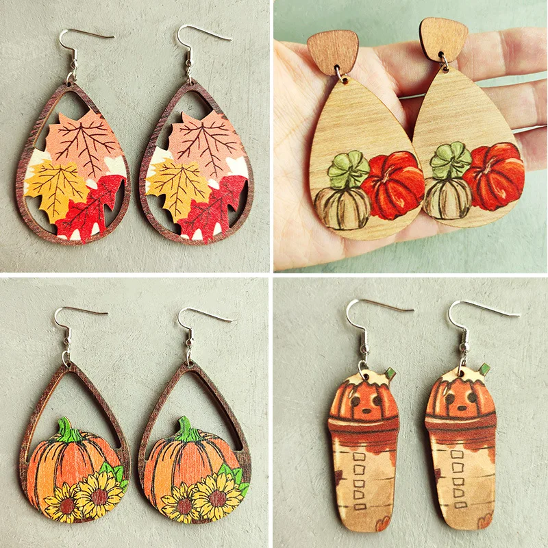 

Autumn Thanksgiving Pumpkin Earrings Colorful Maple Leaf Sunflower Pumpkin Coffee Cup Hollow Out Water Drops Wooden Earrings
