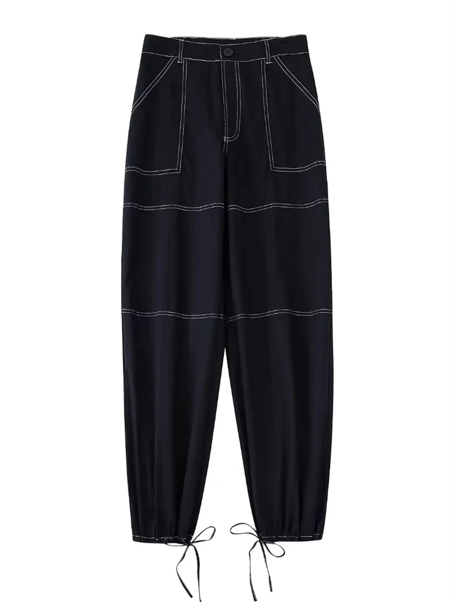 

Women Fashion Contrasting Colors Bright Line Decoration Cargo Pants 2022 Summer Lace Up Zipper Fly Casual Female Trousers