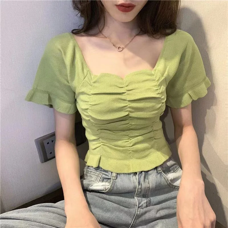

Knitted T Shirt Women Ice Silk Square Collar Ruffle Short Sleeve Top Sweet Vintage T-Shirts 2022 Clothes Women Korean Fashion