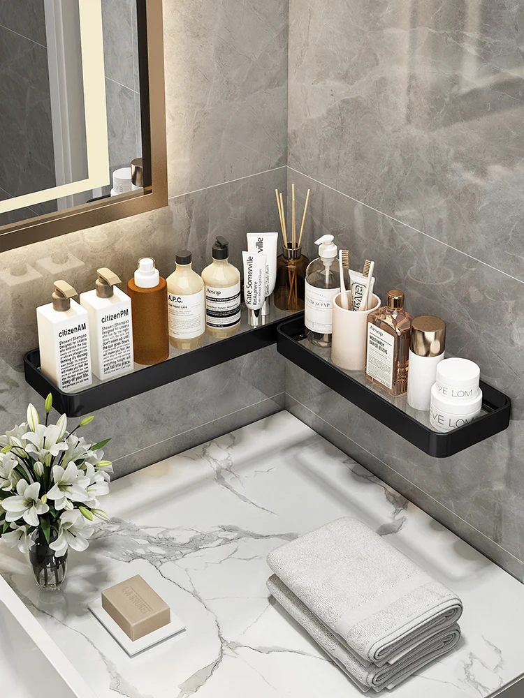 

Punch-free Bathroom Glass Black Space Aluminum Shelf Wall-mounted Toilet and Bathroom Mirror Front Vanity Supplies Storage Rack