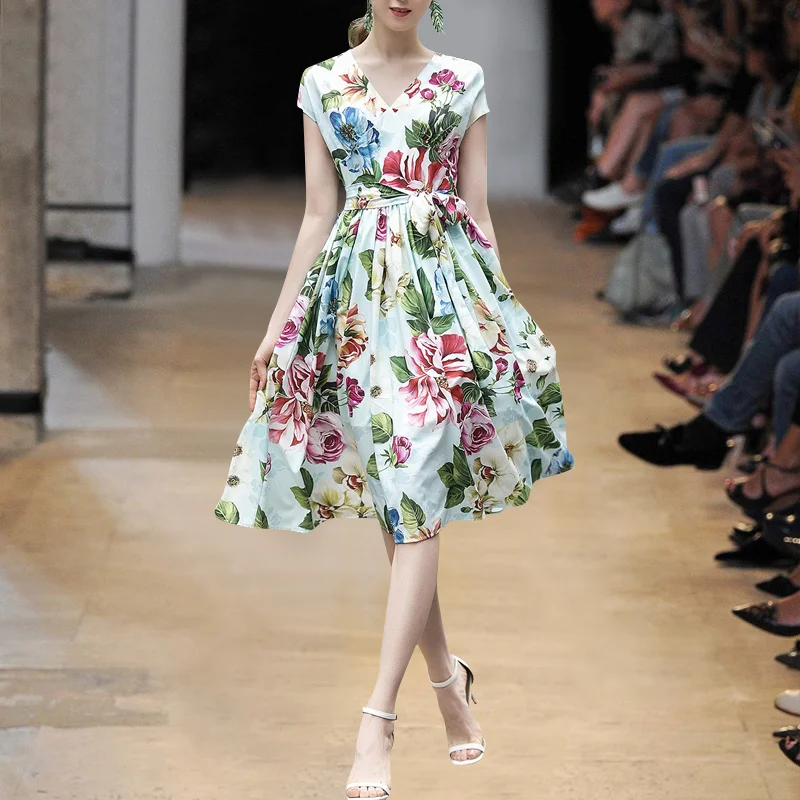 Vanilla Ladies' Fashion 2022 Summer New Flower Print Waist Wrapped Elegant Slim Dress Fashion