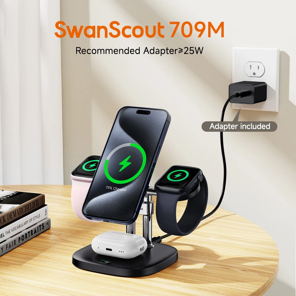 SwanScout 709M Двойная подставка для зарядного устройства Apple Watch Series 10 9 8 7 Магнитное