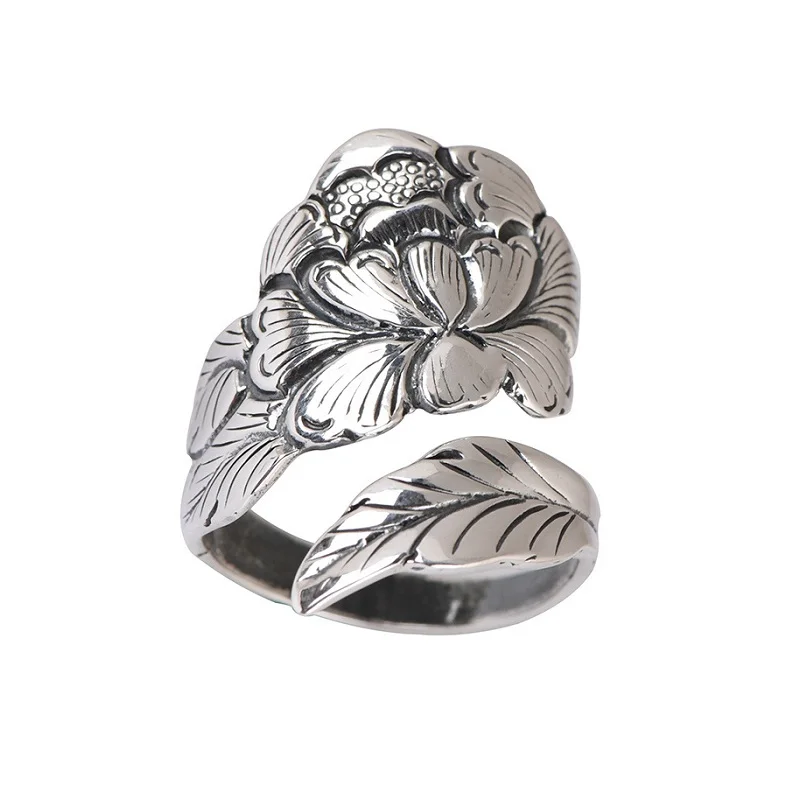 

Женское Винтажное кольцо S999, Открытое кольцо из серебра 23 мм с цветком пиона, с резьбой на удачу, ювелирное изделие в подарок
