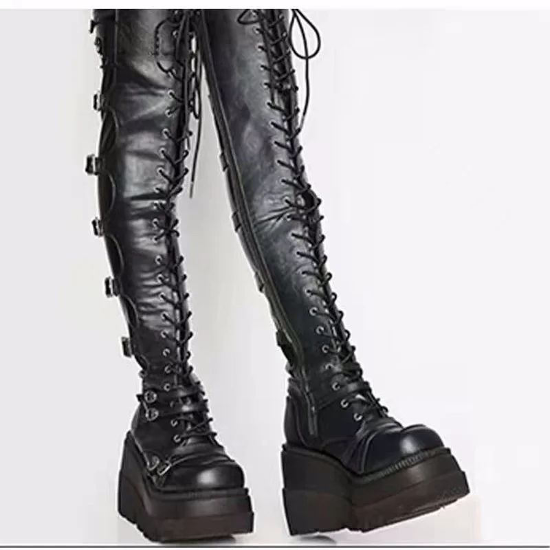

2022 classic hot women's knee high boots thick sole buckle wedge heel thick sole women's boots cool street women's shoes gothic