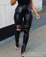 womens high waist black leather ripped tights with waist 2022 spring summer new office lady trousers fashion casual long pants