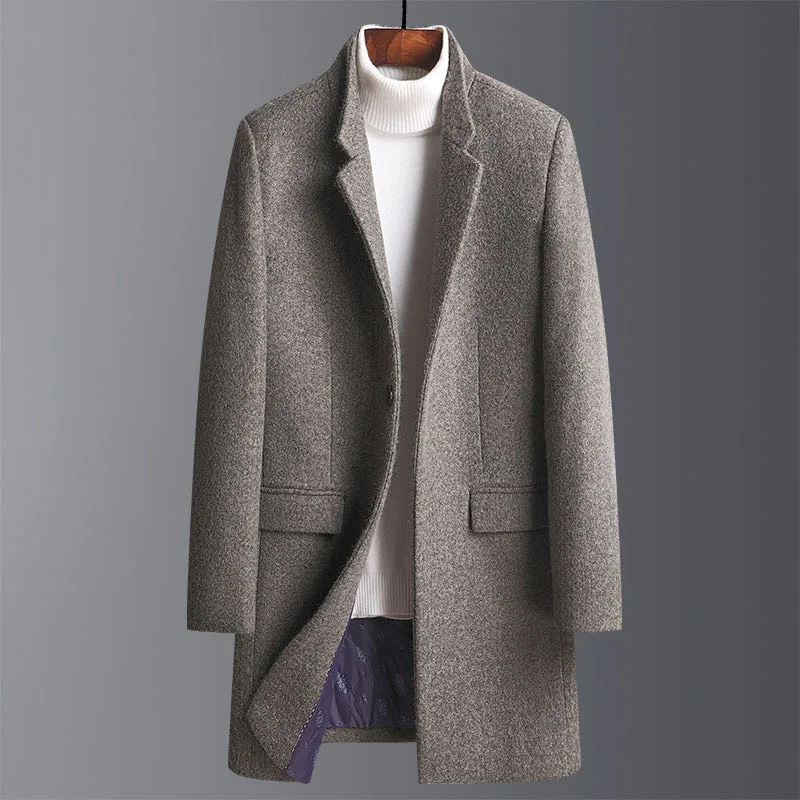 Men's Autumn and Winter Casual Mid-length Woolen Trench Coat Thickened Solid Color Long-sleeved Lapel Size M-4XL Comfortable