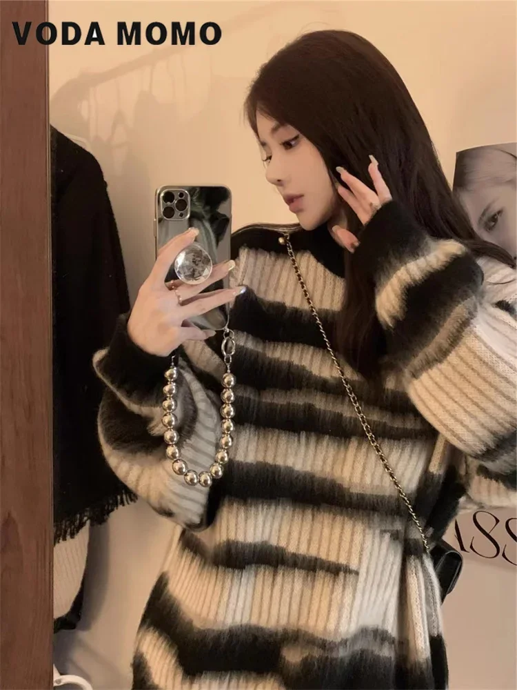 Женский мягкий свободный винтажный вязаный топ на осень-зиму 2023 нежный стиль