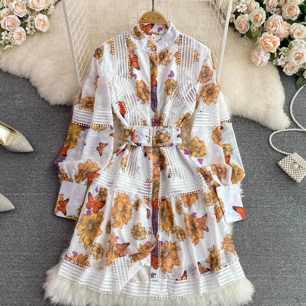 Retro Palace Style Stand-up Collar Temperament Single-breasted Lantern Sleeves Fringed Waist Waist Thin A-line Printed Dress