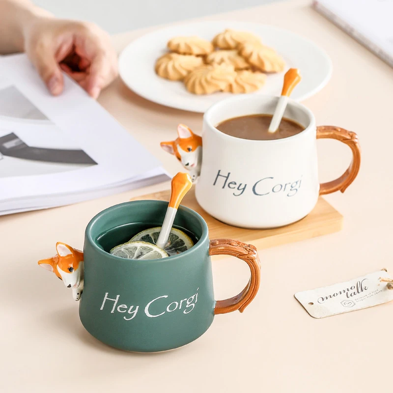

420ml Creative Kawaii Corgi Ceramic Coffee Cup Cute 3D Shiba Inu Mug with Cover Spoon Gift Brewing Milk Tea Couple Drinking Cup